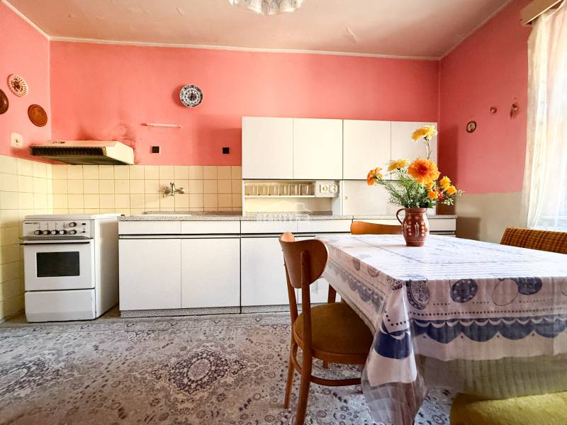 A kitchen in a family house with vintage furniture, a white kitchen unit, and colorful walls.