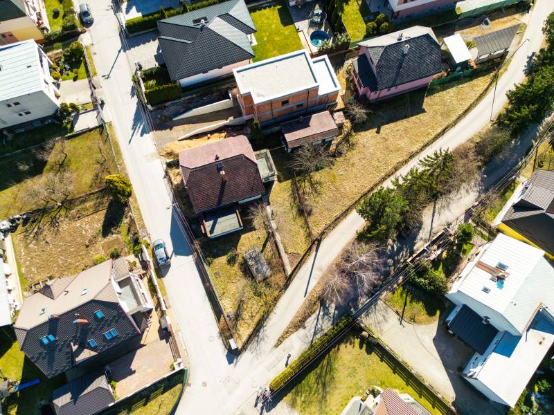Aerial view of family houses in Žilina on Na kopci Street.
