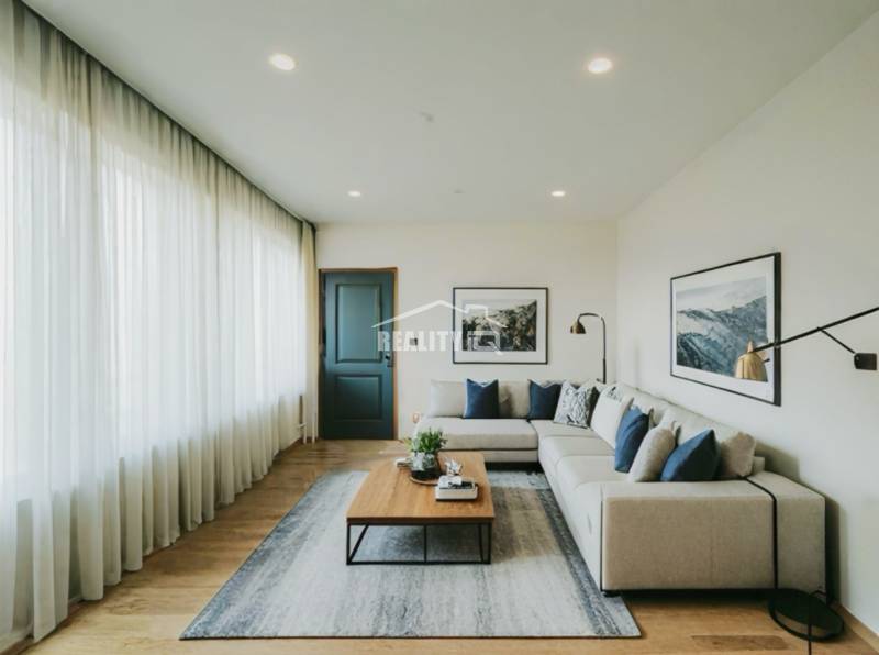 Living room with a glossy wooden-patterned floor, a sofa, and a coffee table in a three-room apartment.