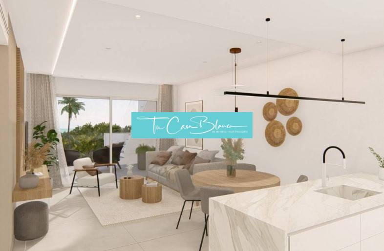 Living room with a kitchenette, wood-decorated flooring, light accessories.