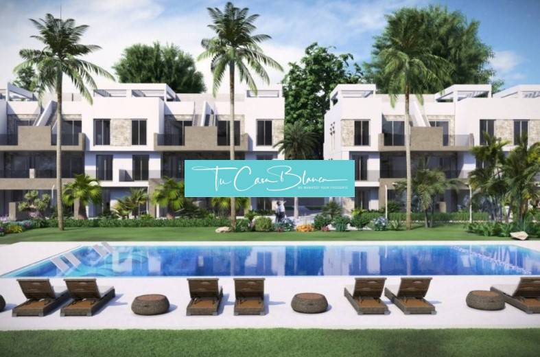 A holiday apartment in Guardamar del Segura with a pool, sun loungers, and palm trees.