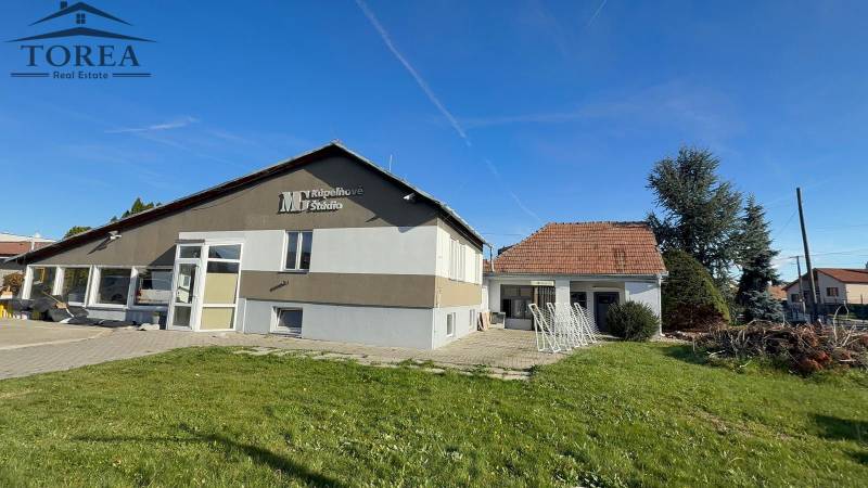 Commercial premises in Dolné Chlebany with a green lawn and a sloped roof.