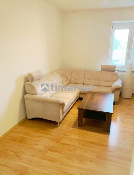 A bright living room with a sofa and a table in a 2-room apartment, flooring with a wood decor.
