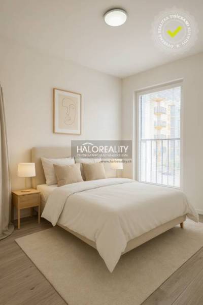 Bright bedroom in a one-room apartment with wood-patterned flooring and a large window.