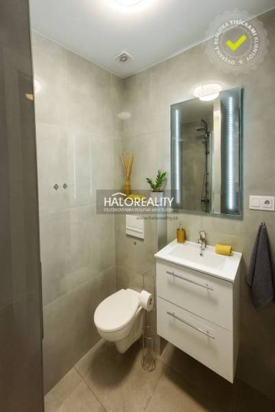 A bathroom in a studio apartment with modern equipment and a stylish sink.