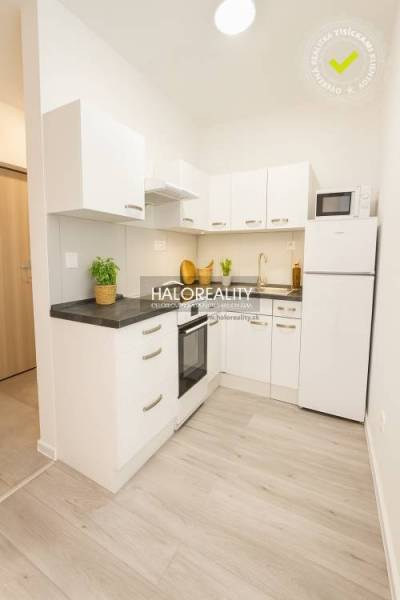 A kitchen in a studio apartment with white cabinets and a wood-patterned floor.