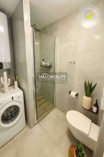 Bathroom in a studio apartment with a shower and a washing machine, floor with wooden decor.