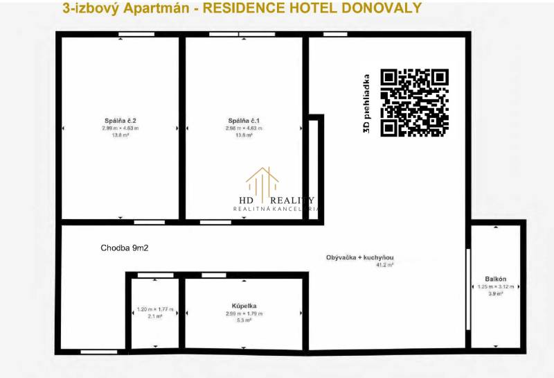 Floor plan of a 3-room apartment in Donovaly with a living room, kitchen, and balcony.