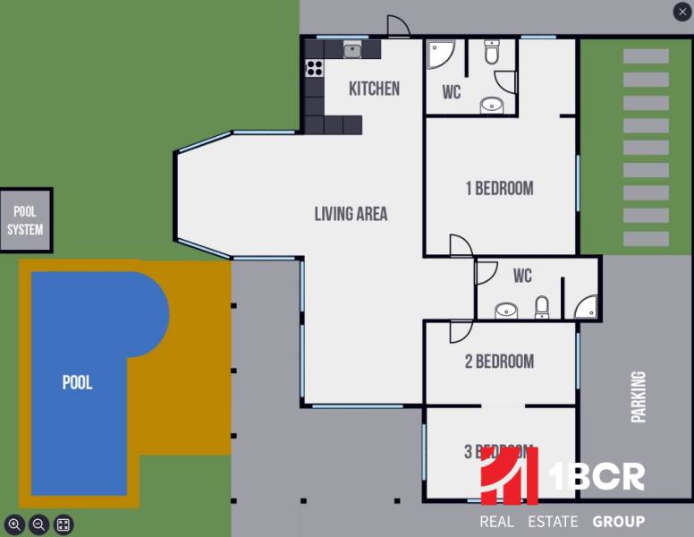 Plan of a villa in the city of Pattaya with three bedrooms, a kitchen, and a swimming pool.