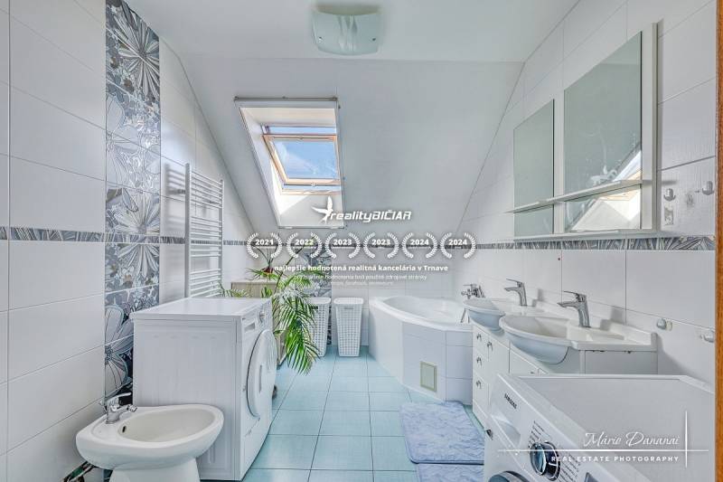 A bathroom with a skylight, a washing machine, and a bathtub in a family house.