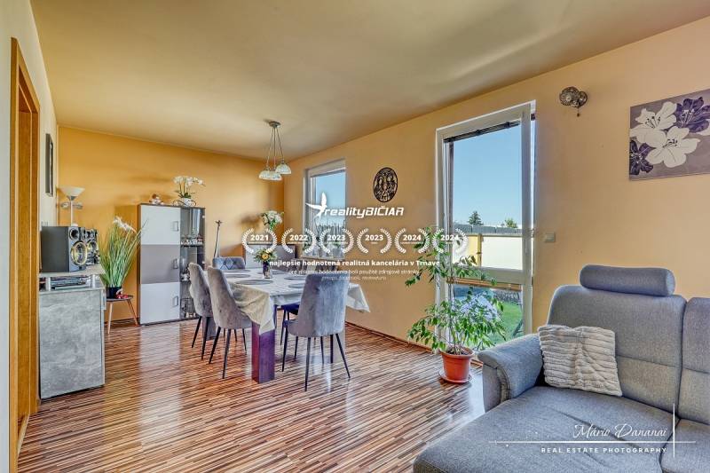 Dining room with wood-patterned flooring and a sofa in a family house.