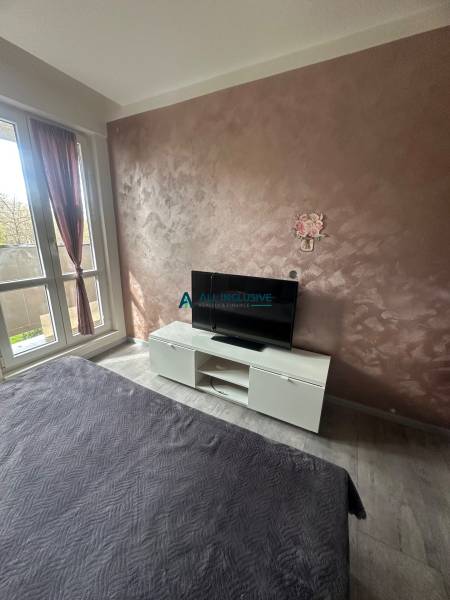 A room in a two-room apartment with a TV, an armchair, and a decorative wall.