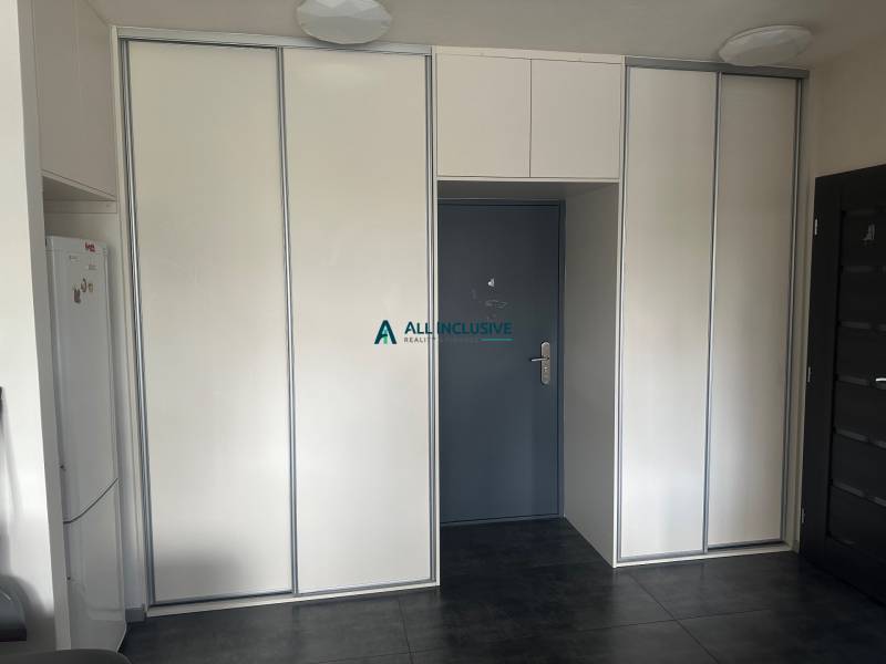 A two-room apartment with a dark floor and built-in wardrobes near the entrance door.