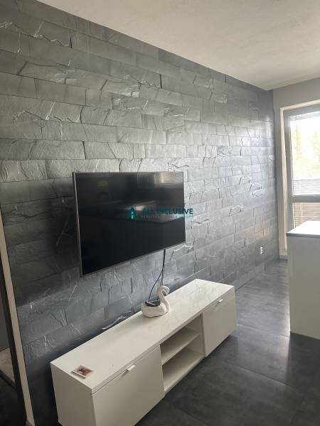 A small two-room apartment with a stone wall cladding, a television, and a white cabinet.