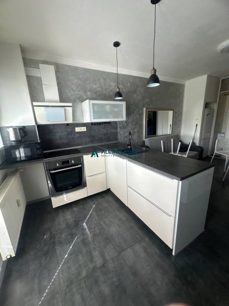 A kitchen in a studio apartment with a dark countertop, gray wall, and pendant lighting.