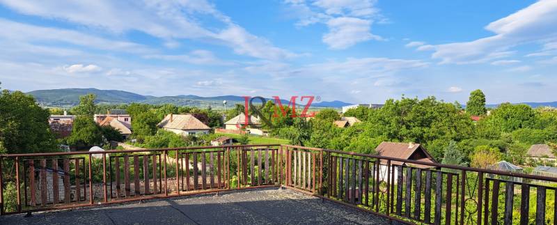 The view from the family house in Hronské Kosihy to greenery, houses, and hills.