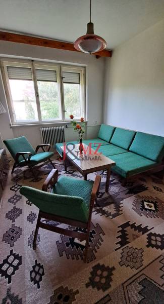 Living room in a family house, green armchairs, carpet with geometric patterns.