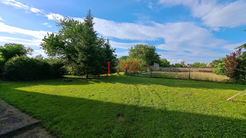 The garden of a family house in Hronské Kosihy with trees and a grassy area under a blue sky.