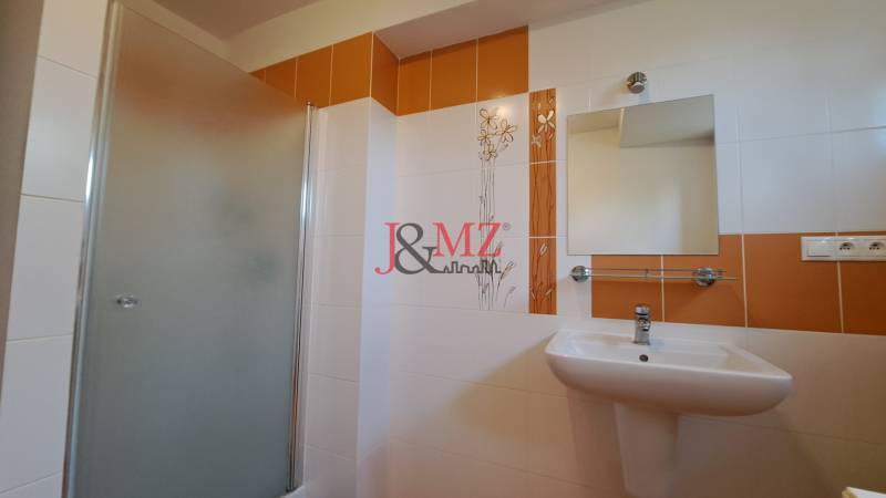 A bathroom in a family house with a sink, a shower, and ceramic tiles.