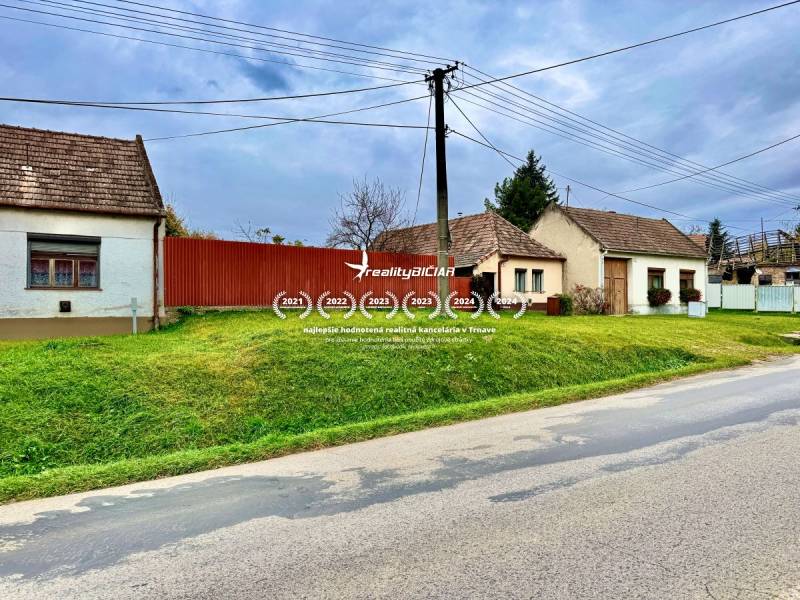 Family houses in Budmerice with grassy gardens and wooden fences.