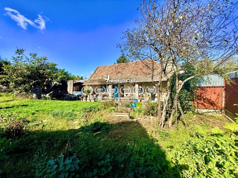 A garden of a family house in Budmerice with fruit trees and a wooden shed.