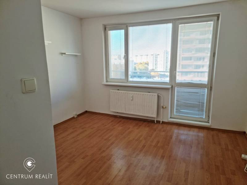 A room in a studio apartment with a wood-patterned floor and a large window.