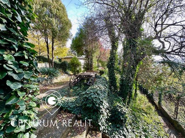 A garden with lush vegetation and an old carriage in Bratislava - Karlova Ves, Hany Meličkovej. Land - residential.
