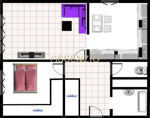 Floor plan of a 2-room apartment with a bathroom, living room, and kitchen.