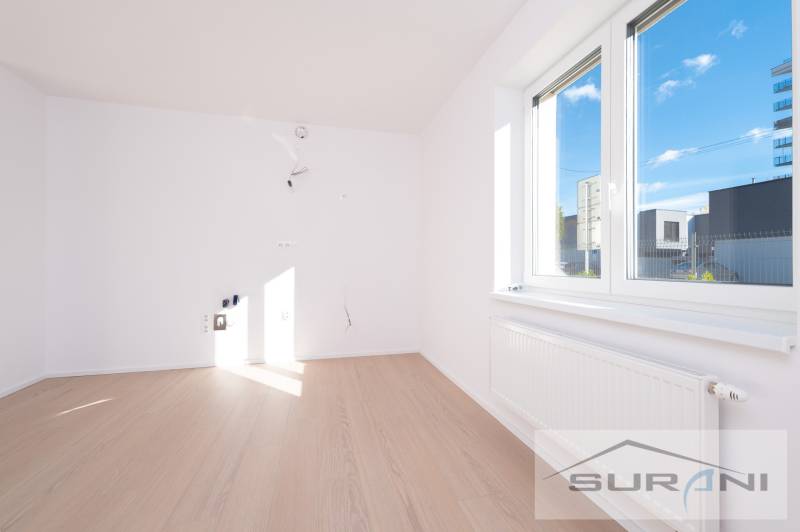 Empty room with a large window and wood-patterned floor, 2-room apartment.