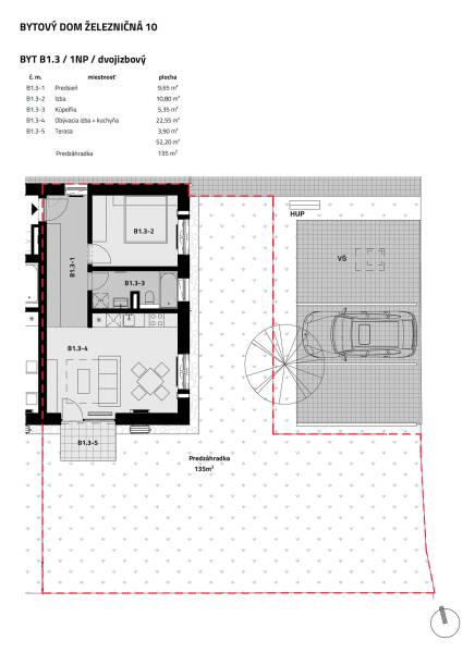 Layout of a two-room apartment with a garden and parking on Železničná Street in Bratislava.