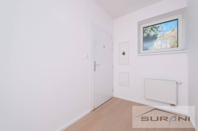 Entrance hall in a 2-room apartment with a wooden decor floor and a window.