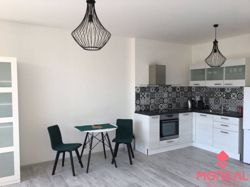 A kitchen in a studio apartment with a dining table and a wooden-patterned floor.