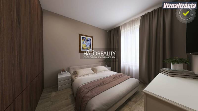 Bedroom in a 3-room apartment with wood-patterned flooring, curtains, and a decorative painting.