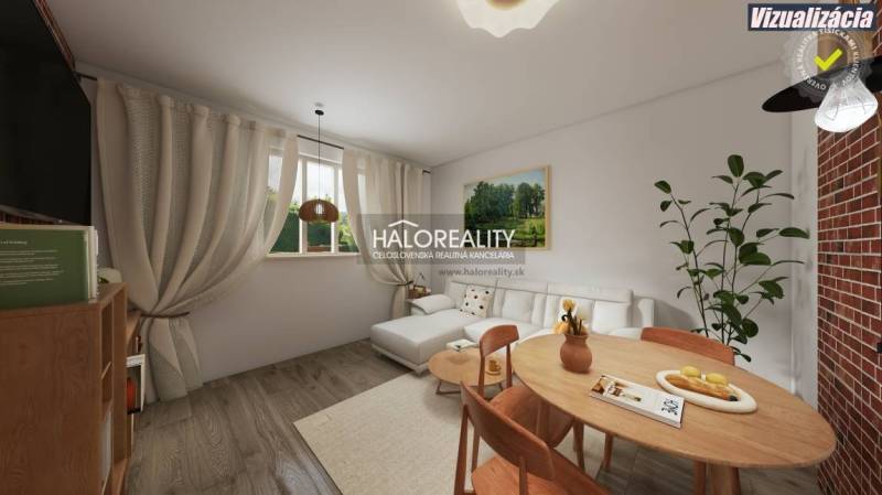 Living room in a three-room apartment with a wooden decor floor, light furniture, and decorative elements.