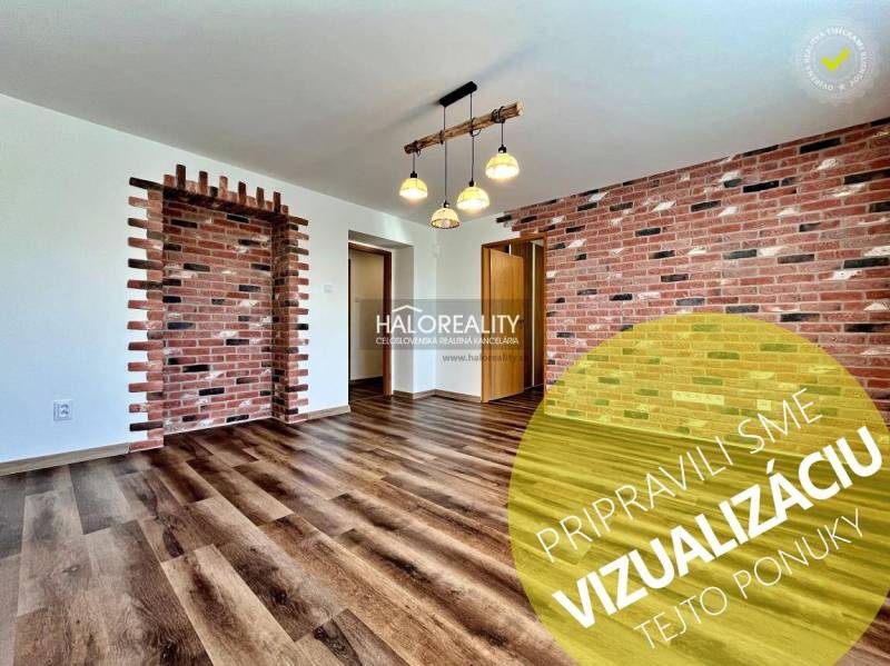 3-room apartment with brick cladding and wooden decor flooring.