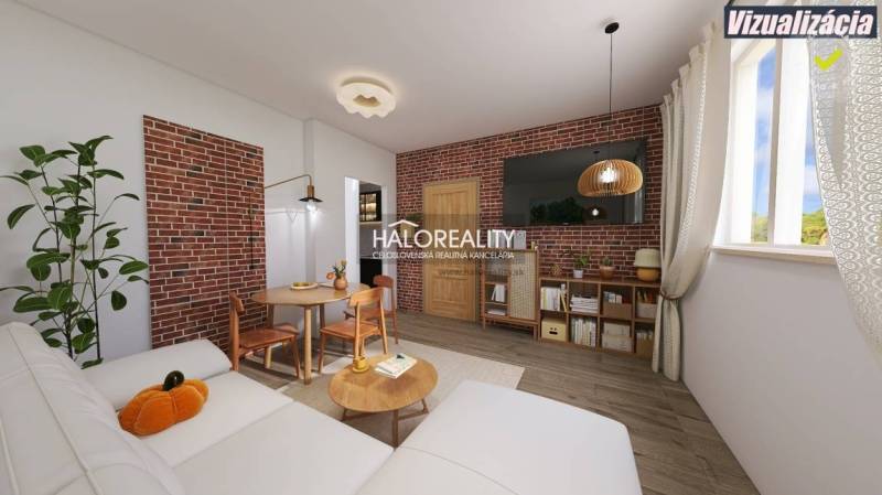 Stylish interior of a 3-room apartment with brick cladding and flooring with a wooden decor.