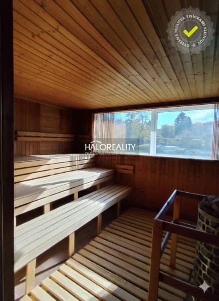 A wooden sauna with benches and a window in the gastro area.