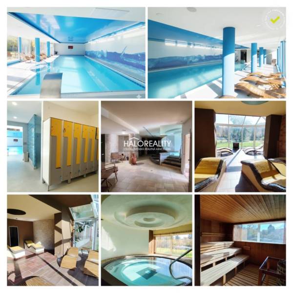 Wellness center with a pool, sauna, and relaxation areas, floor with wooden decor.