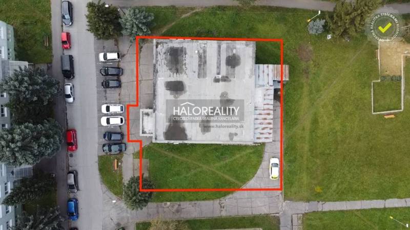 Aerial view of commercial premises in Rimavská Sobota with parking spaces.