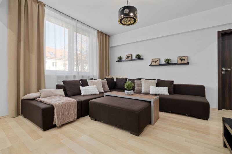 Living room in a two-room apartment with a dark sofa, sockets, and a wooden decor floor.