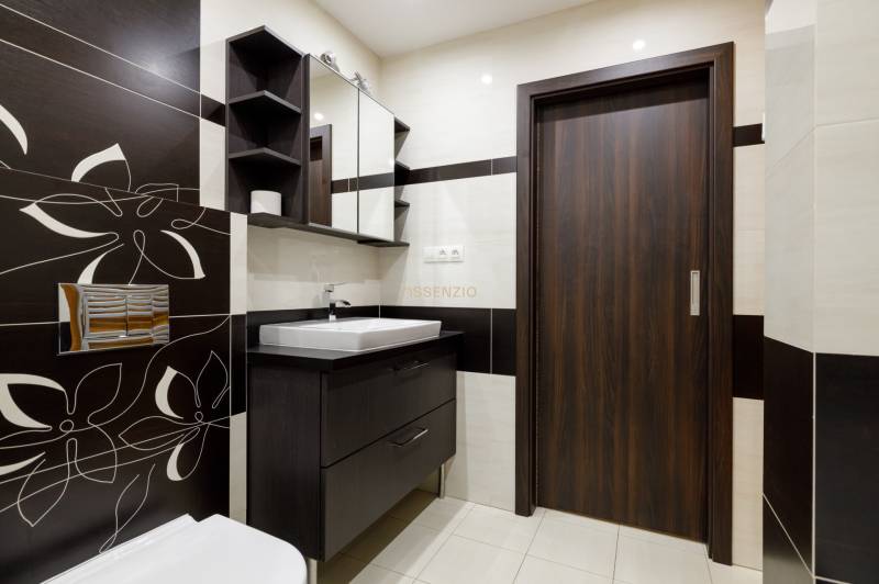 Bathroom in a 2-room apartment with dark decor, a sink, and storage space.
