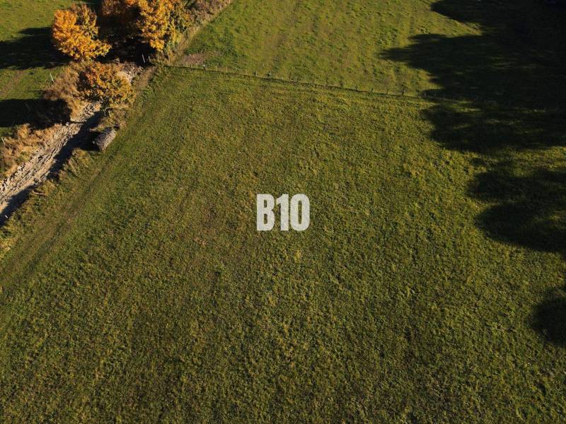 A grassy residential plot in Petrovice, surrounded by greenery and trees.