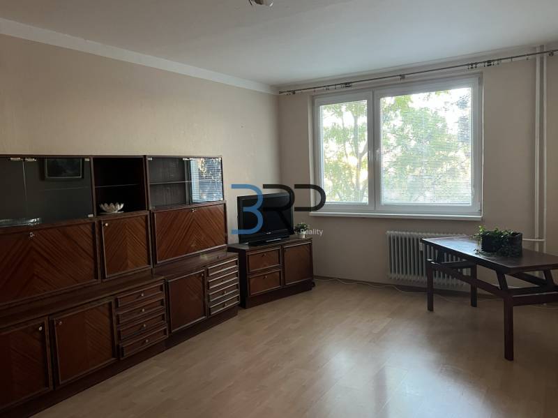Living room in a two-room apartment with a wooden decor floor and furniture.
