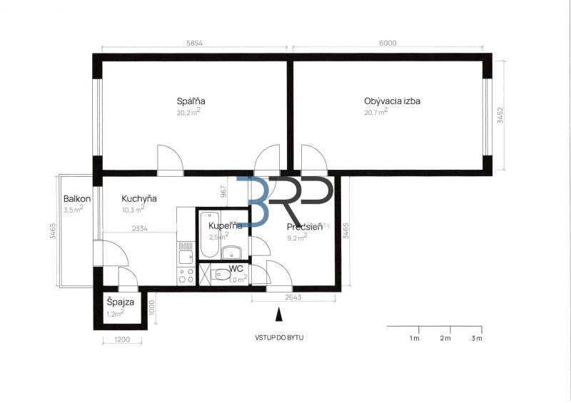 Floor plan of a 2-room apartment: bedroom, living room, kitchen, bathroom, toilet, and balcony.