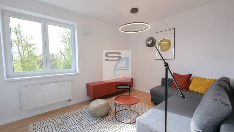 Living room in a two-room apartment with a wood-patterned floor and a sofa.