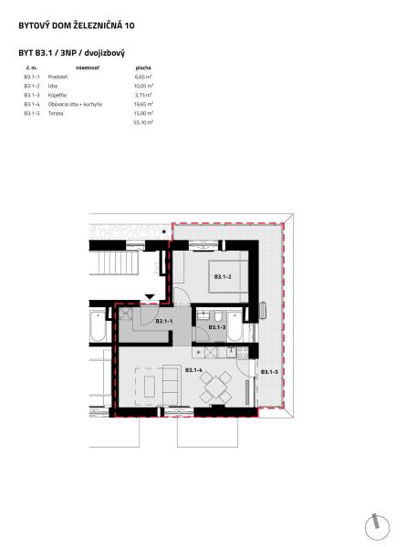 The floor plan of a 2-room apartment on Železničná Street shows the layout of the rooms, including the terrace.