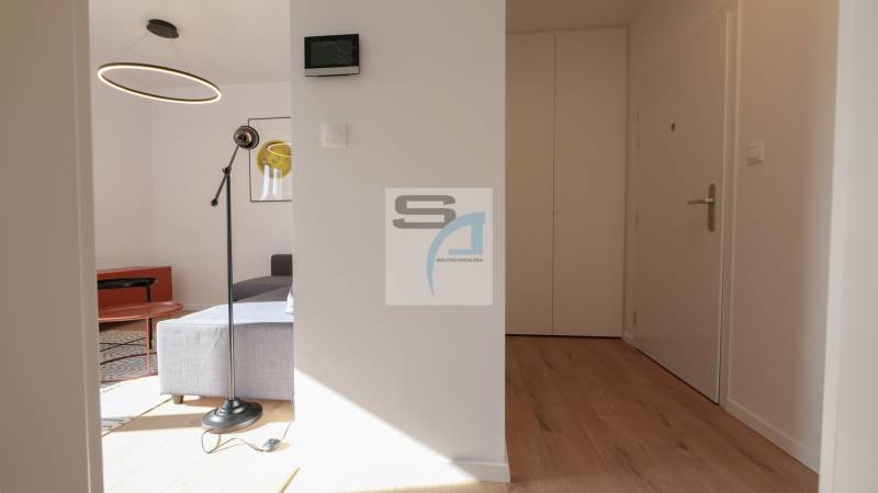 Interior of a 2-room apartment with a wooden decor floor, circular chandelier, and gray sofa.