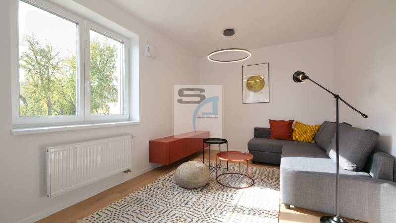 Living room in a two-room apartment, seating, colorful cushions, coffee tables, carpet.