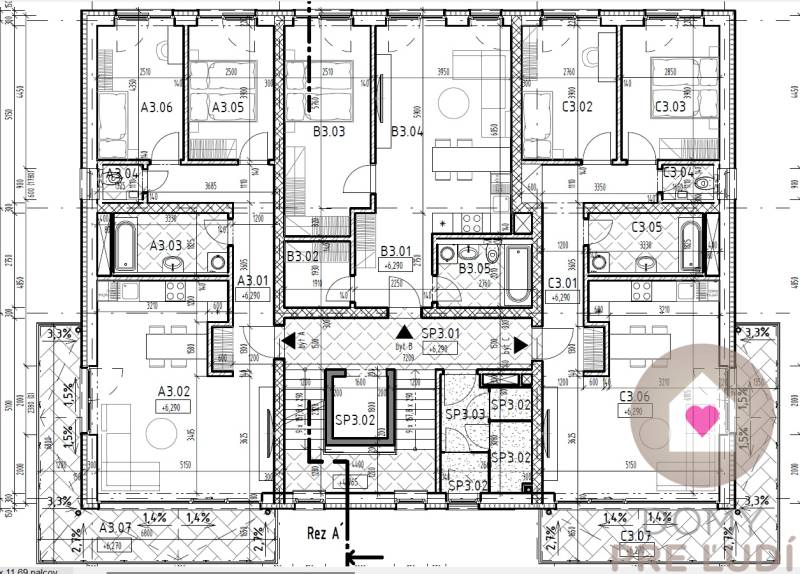 Floor plan of a complex with three apartments. It shows the layout of rooms of various sizes.