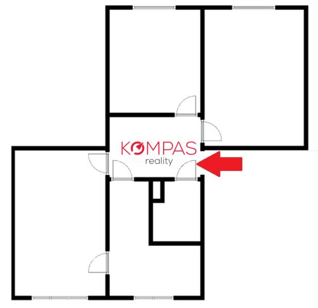 Floor plan of a 3-room apartment with four rooms and a hallway by Kompas Reality.